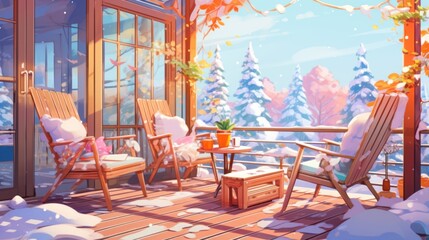 A porch with two chairs and a table covered in snow - obrazy, fototapety, plakaty