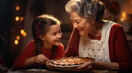 An older woman and a young girl smile as they hold a pie