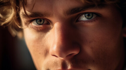 Pensive Stare: Close-Up of a Thoughtful Individual with Blue Eyes