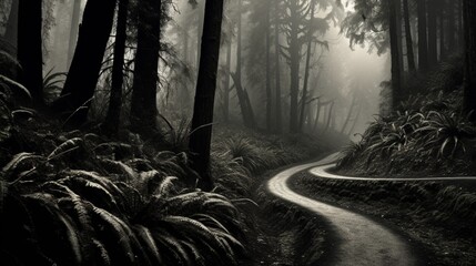 A winding black and white path leading through a dense, misty forest