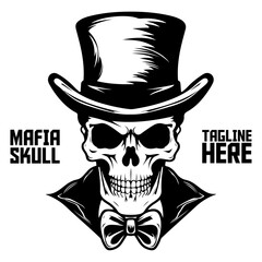 Mafia skull in monochrome illustration vector. Stylish hand-drawn skeleton facial design. Logo, label, emblem, sign, brand mark, poster, t-shirt print element - PNG, Transparent Background