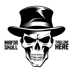 Monochromatic vector illustration showcasing a mafia skull. Elegant hand-drawn skeleton facial depiction. Design element for logo, label, emblem, sign, brand mark - PNG, Transparent Background