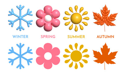 4 seasons icons or elements in 3d and flat style.  
3d icons: snowflake, flower,sun,leaf. 4 seasons: winter,spring,summer,autumn. Vector elements for design and decoration.