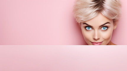text space for advertising with funny part as portrait of a blond female model peeking over a colored panal