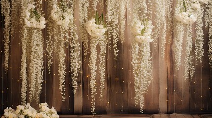 Blooms of baby's breath against a boho bead curtain backdrop, offering ample space at the bottom.