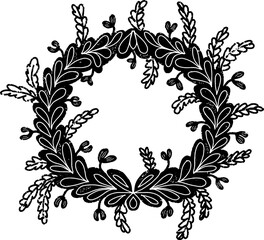 Stylized wreath of leaves. Illustration in linocut style, stylization, rustic style. Vector element for design..