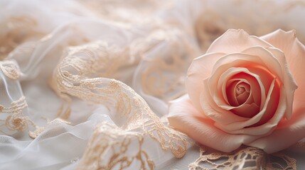 Obraz na płótnie Canvas Close-up of a delicate rose with petals slightly unfurling, set against a boho lace background. Wedding card, bridal menu card, fashion event. 