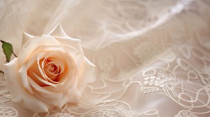 Close-up of a delicate rose with petals slightly unfurling, set against a boho lace background. Wedding card, bridal menu card, fashion event. 