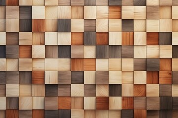 Background of wooden block wall with mosaic wallpaper featuring diamond tile pattern in light and dark timber. Rendered in 3D. Generative AI