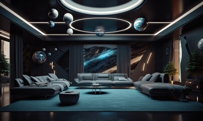 Futuristic Blue Living Room with Space-Inspired Interior