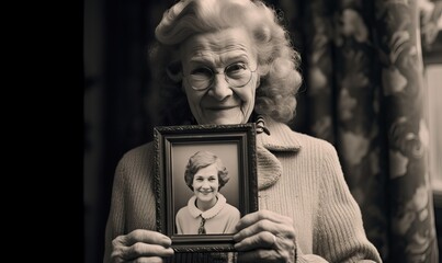 Elderly Woman Smiles and Shows a Photo of Herself in Her Youth