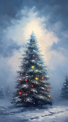 Christmas Tree Illustration with Toys and Snowy Background