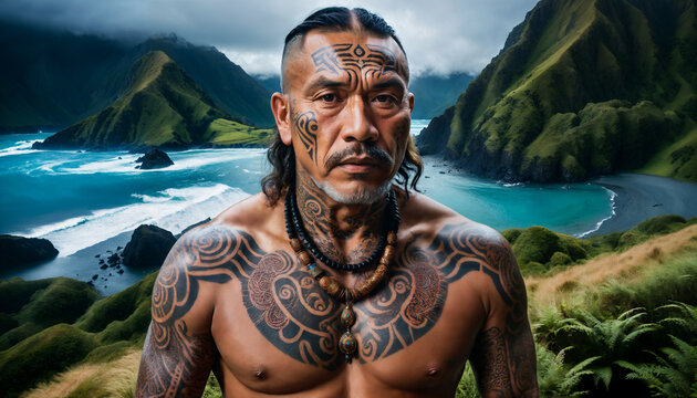 Portrait Of A Mature Maori Man With Traditional Tattoo Posing In Beautiful New Zealand Surroundings.