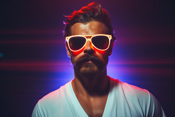 Obraz premium Neon light studio close-up portrait of serious man model with mustaches and beard in sunglasses and white t-shirt, generative ai