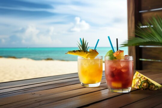 Tropical beachside cocktails on wooden table with ocean view. Generative AI