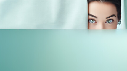 text space for advertising for skin care or cosmetic as sample with part as portrait of a black haired female model peeking over a colored panal
