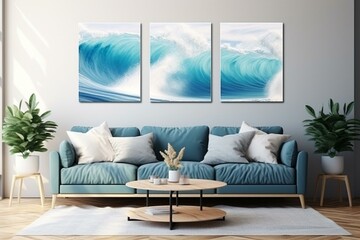 Abstract ocean triptych painting on canvas with a sea and ocean background - a beautiful artwork for interior decor. Generative AI