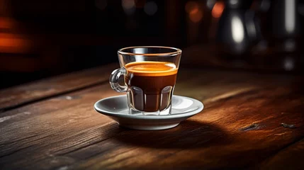 Foto op Canvas An elegant espresso cup filled with a perfect shot of espresso, placed on a polished wooden table © nomi_creative