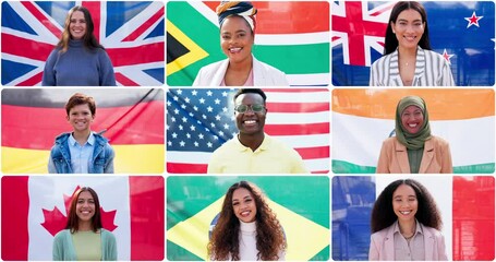 Collage, diversity and face of people with flag background for community, culture and international group. Montage, collection and portrait of men and women in country with happiness, pride and smile