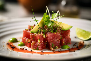 tuna tartare with lime and microgreen on a white plate on a soft light background. snack menu