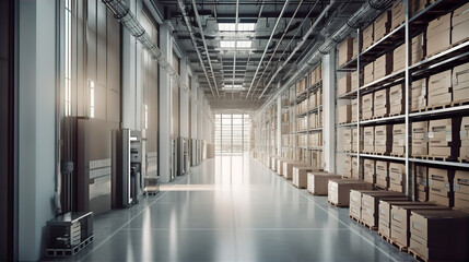 Aisle of industrial warehouse, storage shelving, orridor with shelves and boxes.