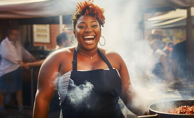 Happy attractive African woman cooking food on street market and smile to camera. Travel, food,...