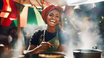 Happy attractive African woman cooking food on street market and smile to camera. Travel, food, holidays concept  - obrazy, fototapety, plakaty