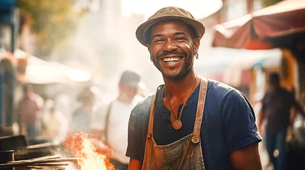 Fotobehang Happy attractive African man cooking food on street market and smile to camera. Travel, food, holidays concept  © IRStone