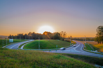 New traffic circle with sunset summer colors near Vcelna village
