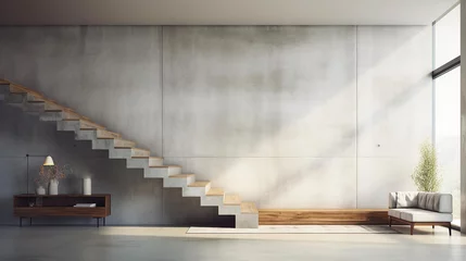 Fotobehang Chinese Muur Minimalistic interior with concrete great walls, stairs and artistic shadows.