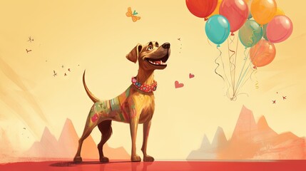  a cartoon dog with balloons in the air and a sky background.  generative ai