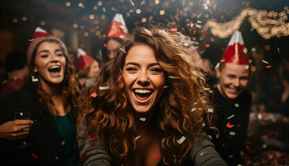 Happy young people through up confetti at night club party. Friendship, happiness, celebration, togetherness idea
