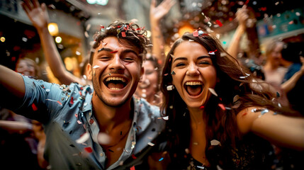Obraz premium Happy young people through up confetti at night club party. Friendship, happiness, celebration, togetherness idea