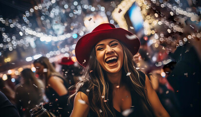 Fototapeta premium Happy young people through up confetti at night club party. Friendship, happiness, celebration, togetherness idea