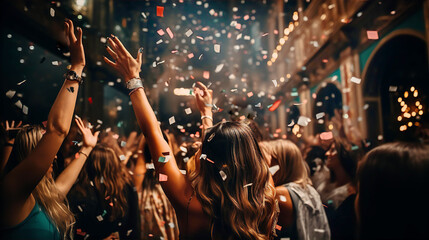 Fototapeta na wymiar Happy young people through up confetti at night club party. Friendship, happiness, celebration, togetherness idea