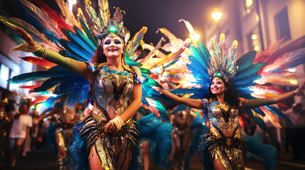 Brazilian carnival.  Beautiful Dancers in outfit with feathers and wings enjoying the parade, smile...