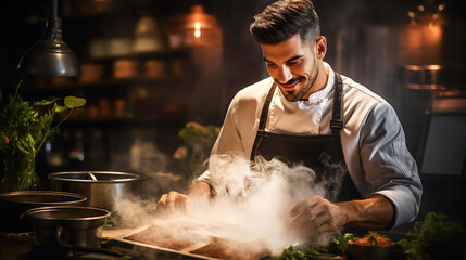 Handsome Italian chef on kitchen, cooking food and smile to camera