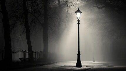 An old-fashioned lamppost casting warm light on a misty black and white street - obrazy, fototapety, plakaty