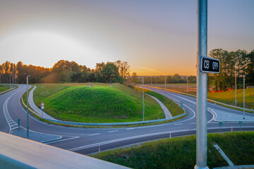 New traffic circle with sunset summer colors near Vcelna village