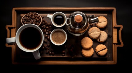 Obraz na płótnie Canvas An overhead shot of a wooden tray with espresso cups, sugar cubes, and a French press