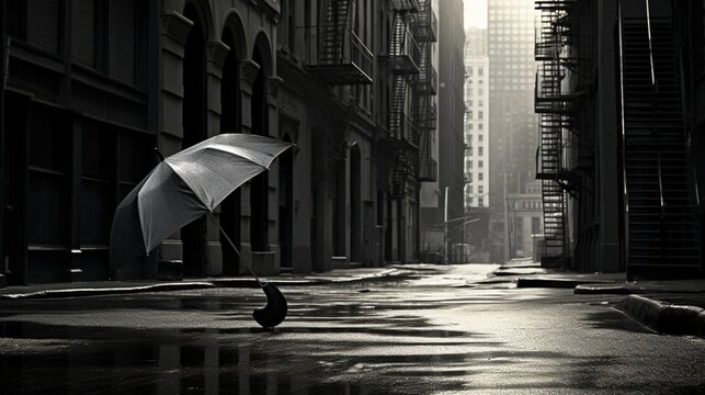 Fototapeta An open umbrella abandoned on a deserted black and white city street