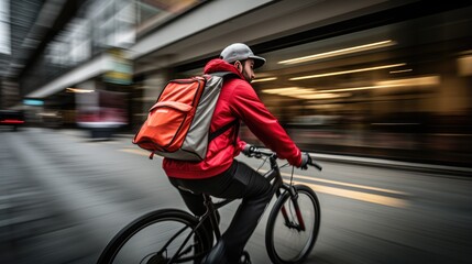 couriers on a bike in the fast-paced food delivery industry. courier with backpack navigating urban