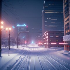 The night city is covered with snow.