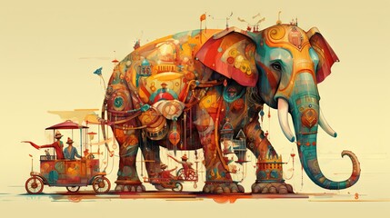 Obraz premium a painting of an elephant with a cart in front of it. generative ai