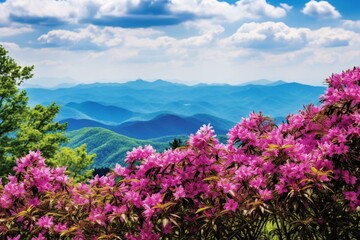 Panoramic view of Smoky Mountains from Blue Ridge Parkway in North Carolina. Flowers blooming, green hills, mountains. Near Asheville. Generative AI