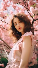 Beautiful girl near pink cherries in the garden. Generative AI