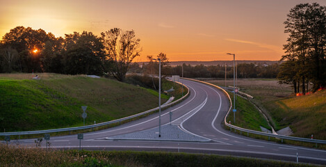 New traffic circle with sunset summer colors near Vcelna village