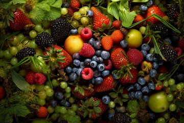 Healthy fruits and berries in a bowl on a nature background.