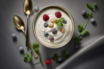 Yogurt with fresh berries in a glass bowl, top view.
