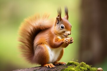 A red squirrel eating a hazelnut with its tail up, in isolation on a white background. Generative AI